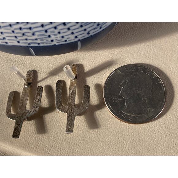 Silver & Turquoise Earrings Tiny Cactus Saguaro Pierced ~ Desert Love - Picture 4 of 7